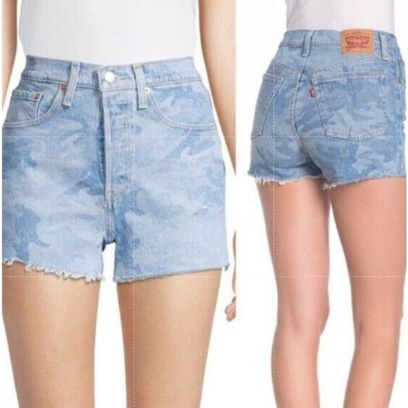 Levis 501 Red Tab Denim Short Women 30 Hi Rise Button Fly Camo Print Cut Off NWT - Picture 5 of 8
